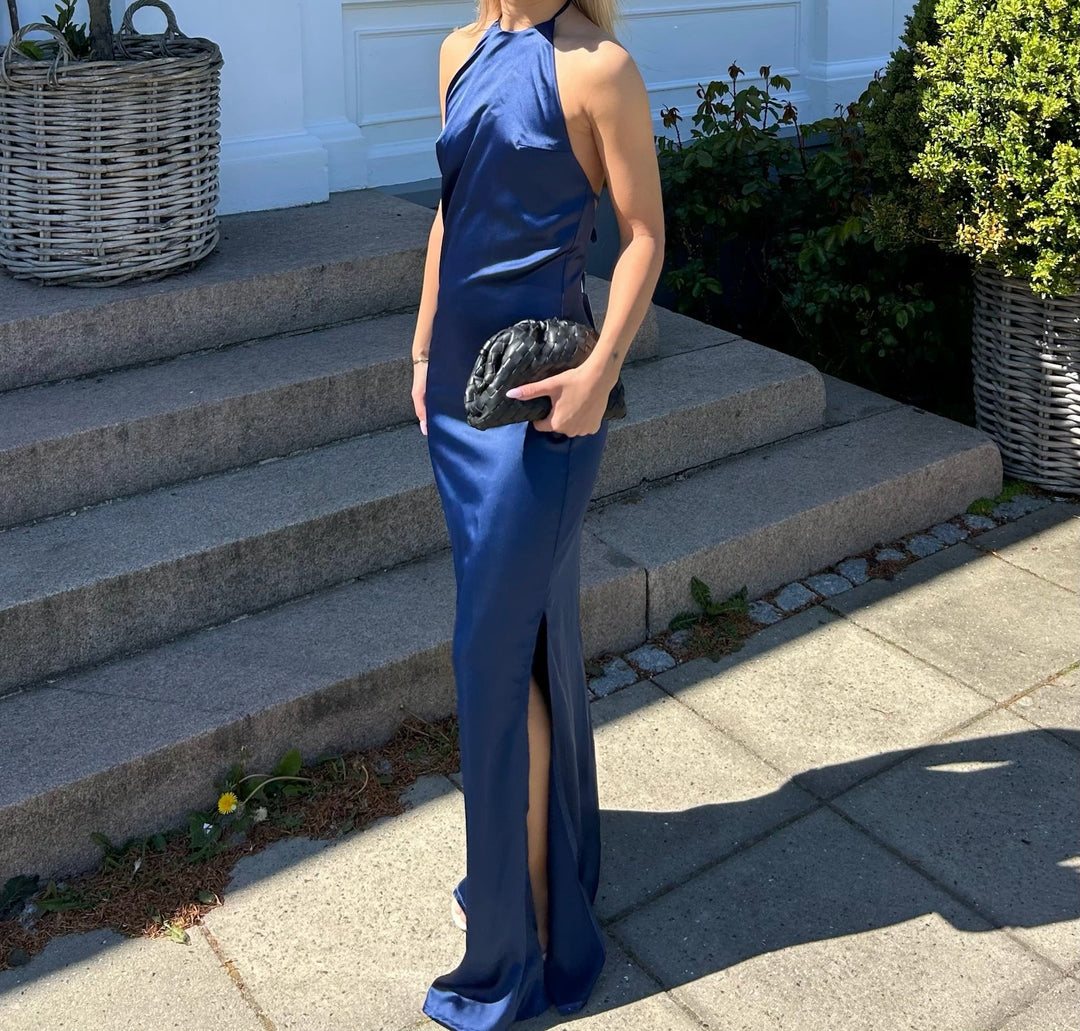 Navy Blue Satin Satin Halterneck Dress ASOS DESIGN Satin Halter