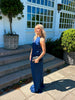 Ella Satin Halterneck Dress - Dark Blue