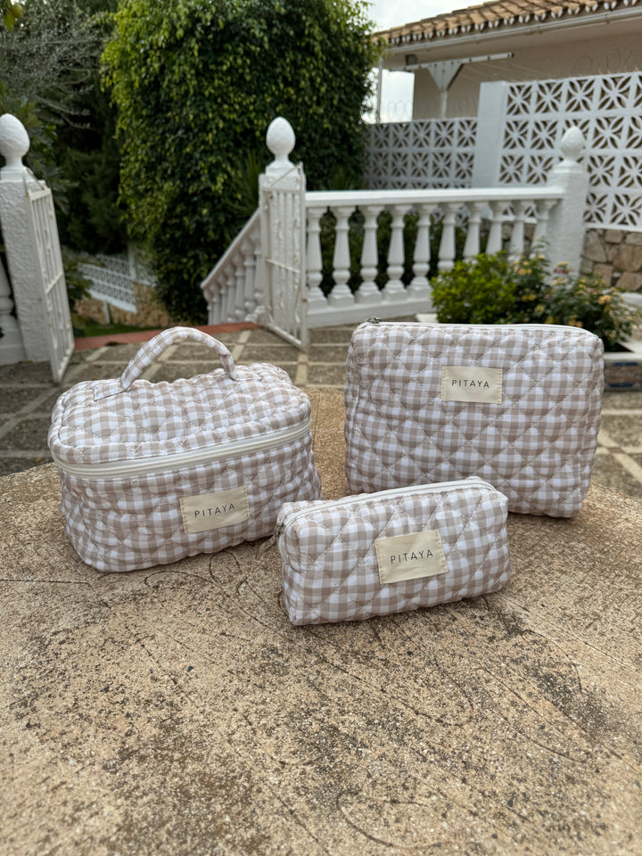 Large Makeup Bag - Beige Checker