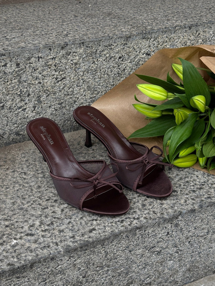 Nellie Bow Tie Heeled Mules - Dark Brown