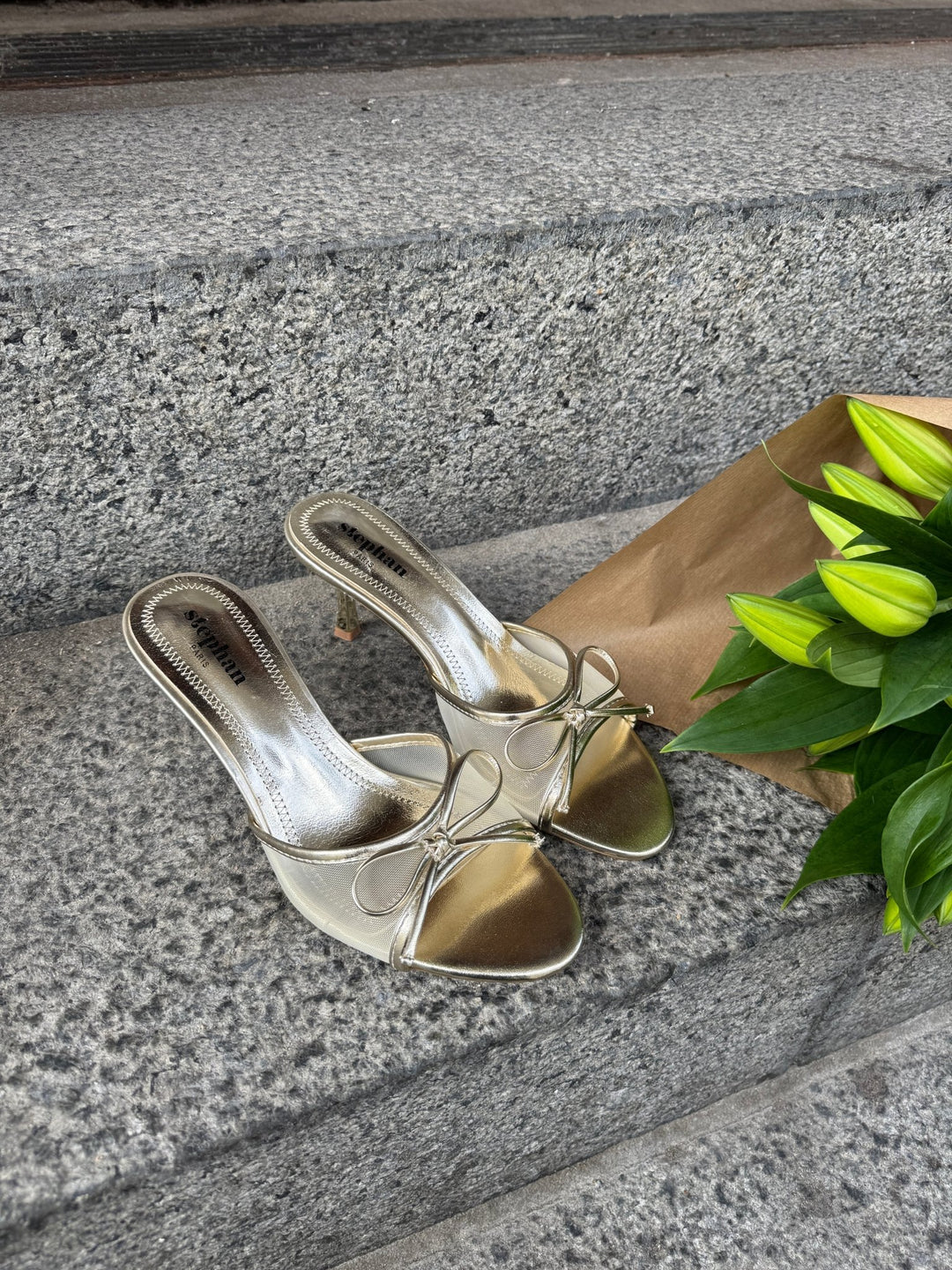 Nellie Bow Tie Heeled Mules - Gold