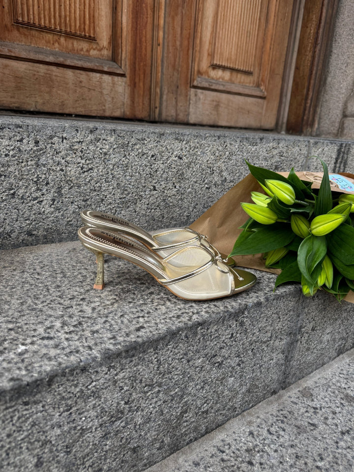 Nellie Bow Tie Heeled Mules - Gold