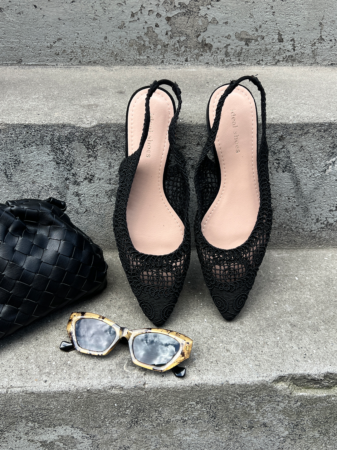 Celeste Crochet Slingback Flats - Black